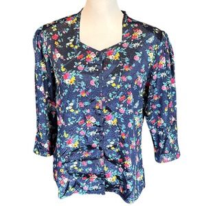 Vintage Oscar de la Renta Expressions Navy Floral 3/4 Sleeve Blouse, Size 12